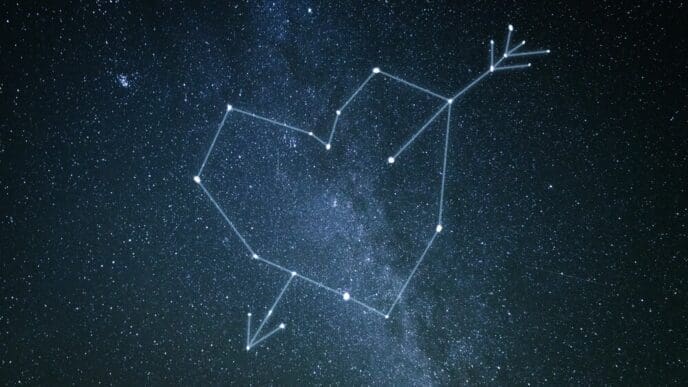 A starry sky depicts a constellation of hearts and a cupid's arrow, representing Valentine's Day.