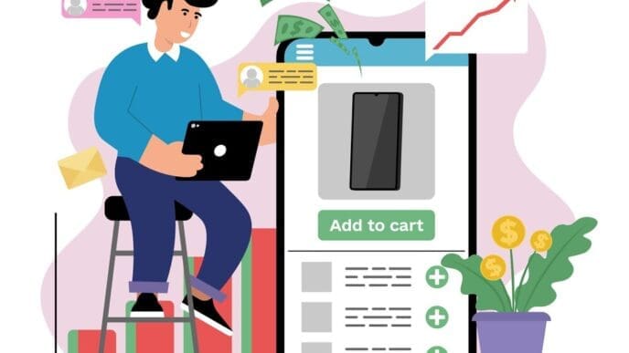 A vector illustration depicts a manager controlling digital business elements.