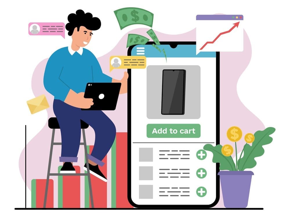 Vector illustration of a manager controlling digital business operations.