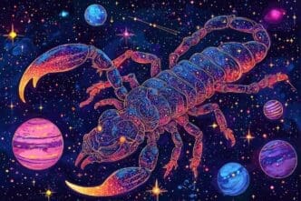 A colorful scorpion, set against a starry night sky, is surrounded by fantasy planets and galaxies.