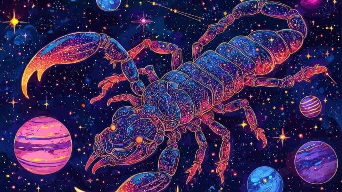 A colorful scorpion, set against a starry night sky, is surrounded by fantasy planets and galaxies.
