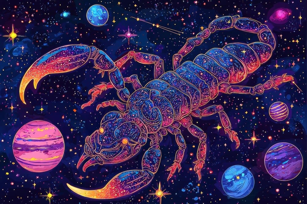 A colorful scorpion, set against a starry night sky, is surrounded by fantasy planets and galaxies.