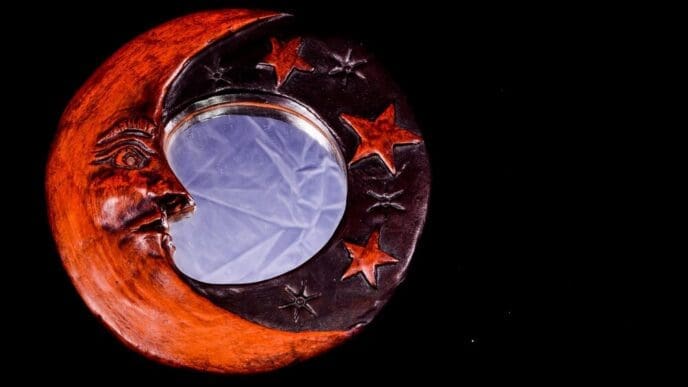 A handcrafted, vintage wooden mirror features a crescent moon and star details.