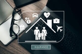 VR icons representing various types of insurance policies, including family, life, travel, health, bank, and house.
