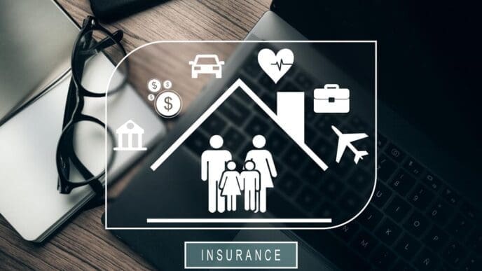 VR icons representing various types of insurance policies, including family, life, travel, health, bank, and house.