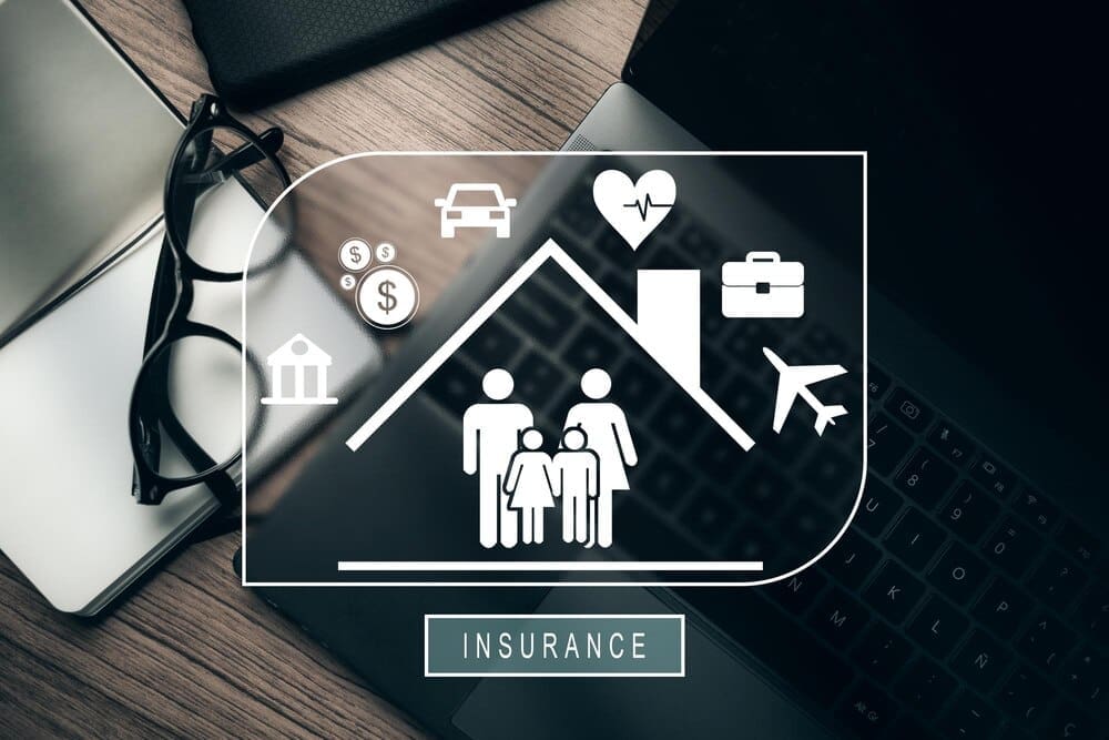 VR icons representing various types of insurance policies, including family, life, travel, health, bank, and house.