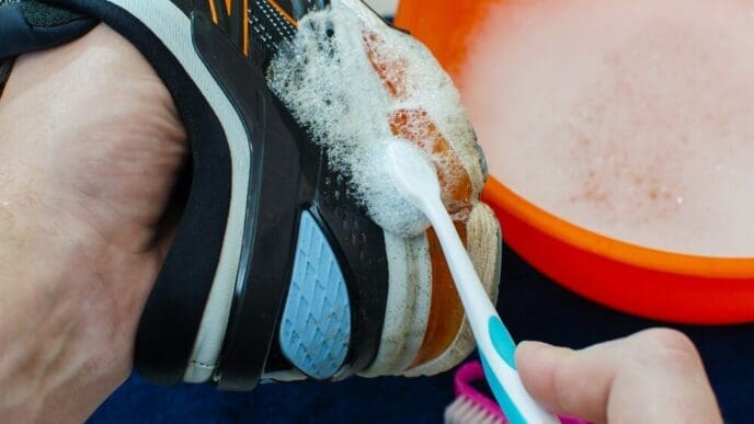 A person scrubs the sole of a dirty running shoe with a brush.