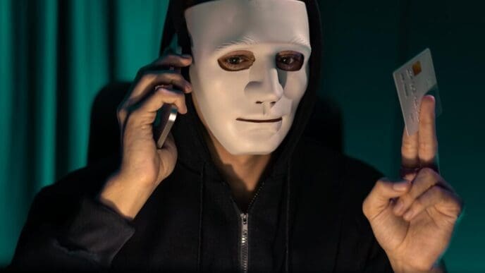 White criminal mask, with a menacing expression, used in a phishing scam to demand a credit card owner's financial information.