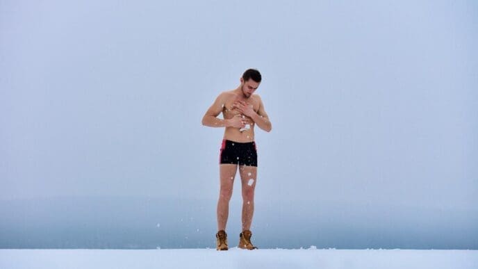 A shirtless man stands in the snow, presumably for a winter health practice.