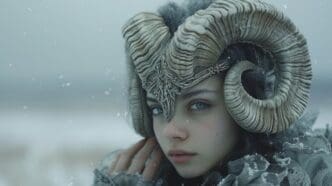 A person wearing a horned mask stands outdoors in a snowy landscape.