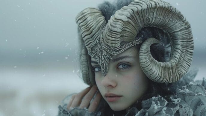 A person wearing a horned mask stands outdoors in a snowy landscape.