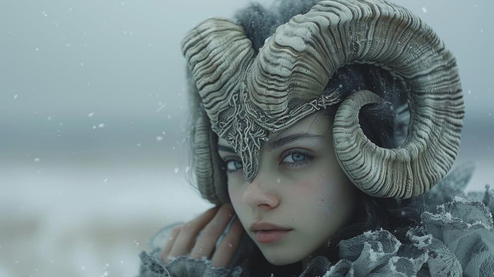 A person wearing a horned mask stands outdoors in a snowy landscape.