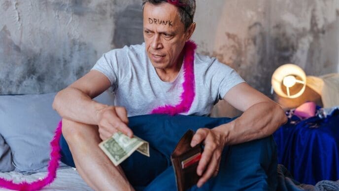 A mature man with a displeased expression holds a wallet and looks away.
