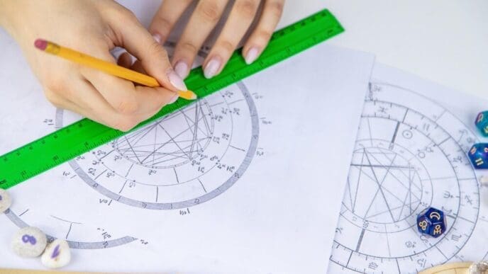 A woman with glasses draws a natal chart, with a selective focus on her hands and the chart.