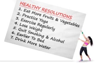 A woman struggles to drag a long list of healthy resolutions.