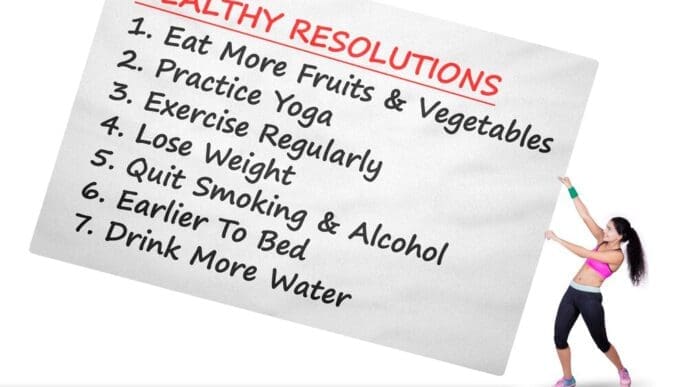 A woman struggles to drag a long list of healthy resolutions.