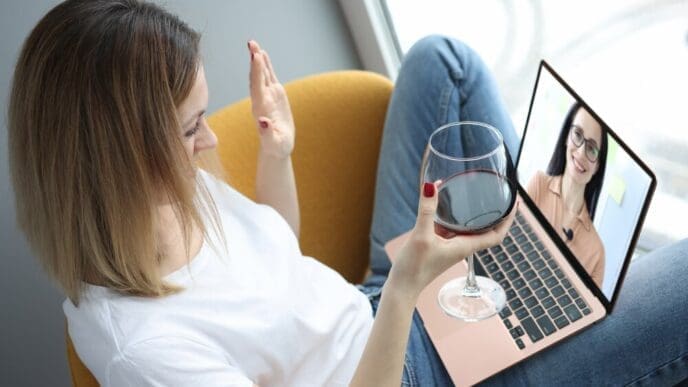 A woman smiles and waves at her friend on a video call while holding a glass of wine.