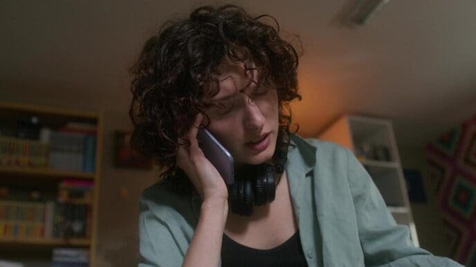 A woman is smiling and speaking on a cell phone while standing in a home.
