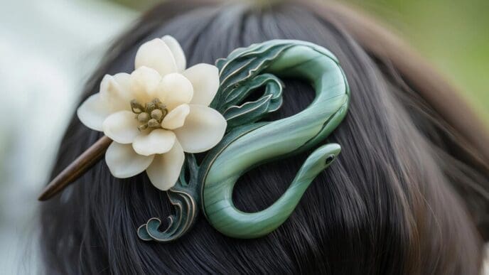 A woman with long dark hair wears a jade green hairpin shaped like a snake with a flower.