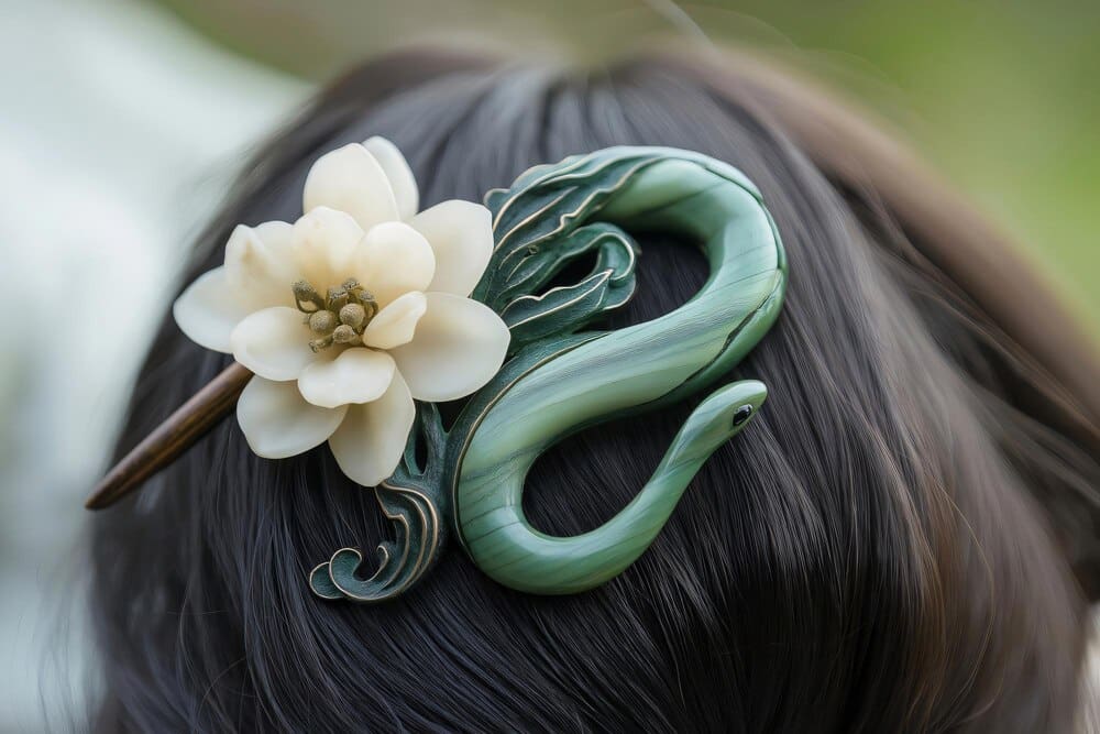 A woman with long dark hair wears a jade green hairpin shaped like a snake with a flower.