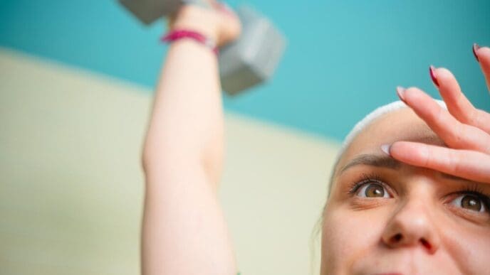 A woman in workout attire lifts a dumbbell, demonstrating focus and determination while exercising in a well-lit room.