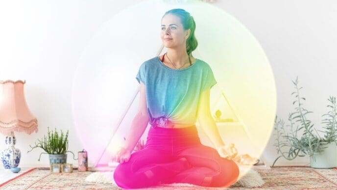 A woman in athletic wear meditates in the lotus position on a yoga mat in a studio.