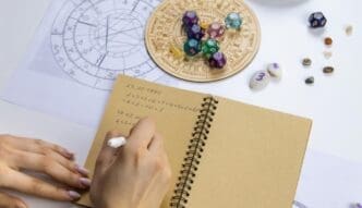 A woman, likely a numerologist or astrologer, is focused on counting numbers.