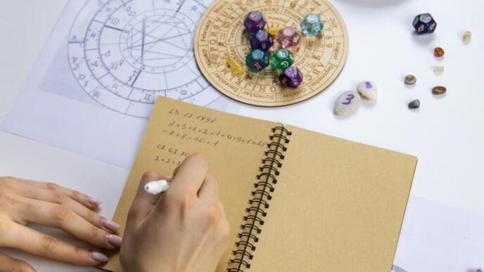 A woman, likely a numerologist or astrologer, is focused on counting numbers.