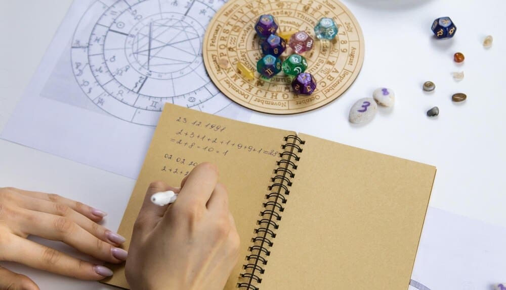 A woman, likely a numerologist or astrologer, is focused on counting numbers.