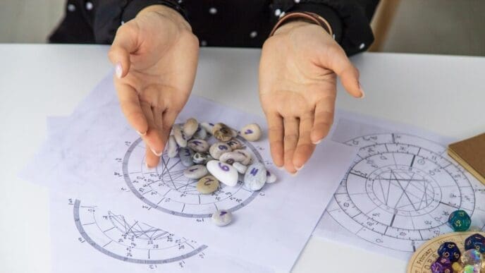 A woman, presumably a numerologist and astrologer, counts numbers, with a selective focus on her hands or the numbers.