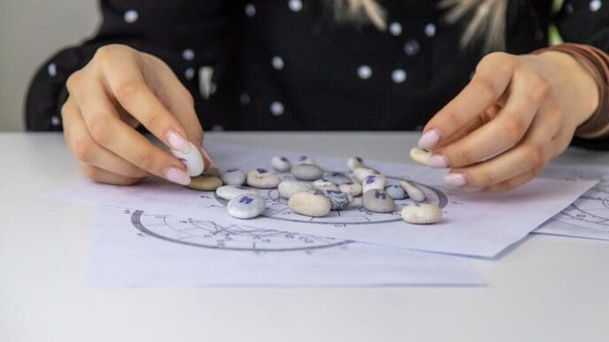 A woman, likely a numerologist or astrologer, is counting numbers, with a selective focus on her hands.