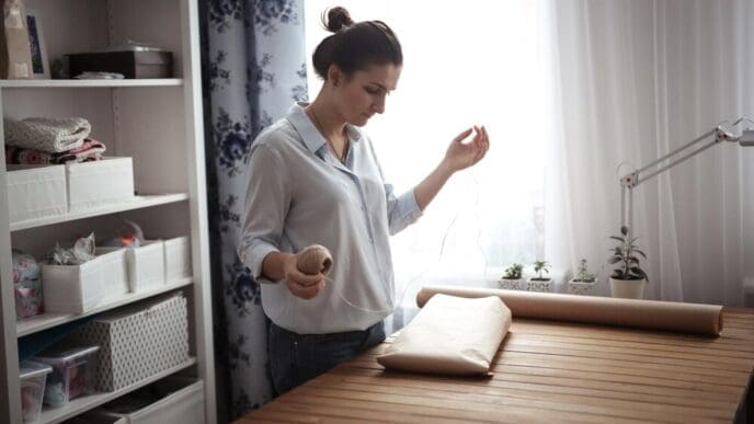 A woman wraps a handicraft item in brown craft paper, likely for shipping or gifting.