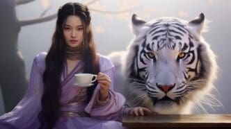 A woman in a purple dress stands near a white tiger, holding a cup.