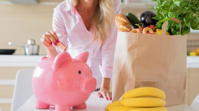 A woman smiles while using a tablet in a shopping cart, likely comparing prices or using coupons.