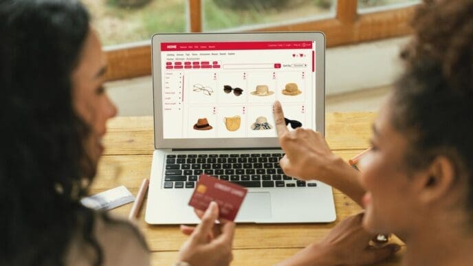 Woman using a credit card to make an online purchase on a modern lifestyle website, with a focus on cybersecurity.