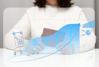 A woman sits at a table, holding a leather wallet in front of a holographic graph with growing indicators.