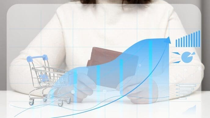 A woman sits at a table, holding a leather wallet in front of a holographic graph with growing indicators.