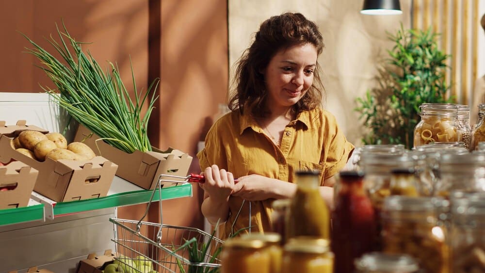 A woman samples food at a store, likely to decide whether to purchase it.