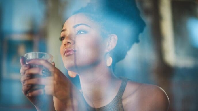 A young woman sips a cappuccino while looking out a window, lost in thought at a coffee shop.