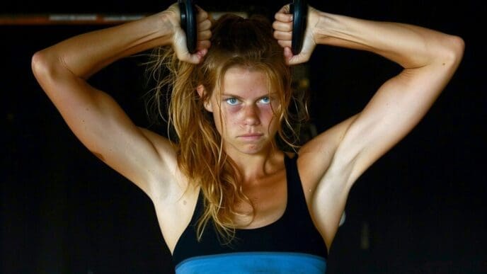 A woman with long hair exercises by holding dumbbells in both hands.