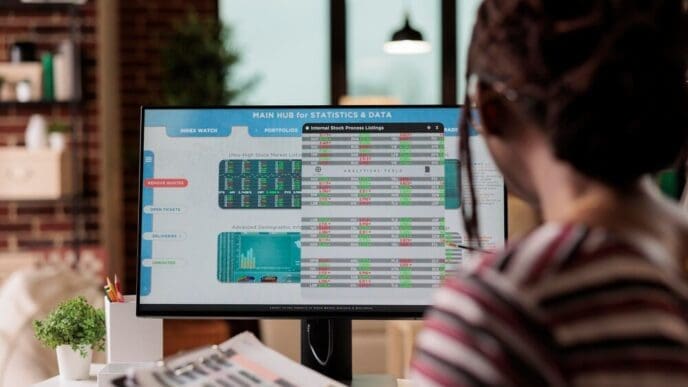 A woman analyzes data on a computer screen, likely related to the Internet of Things, as part of her work.