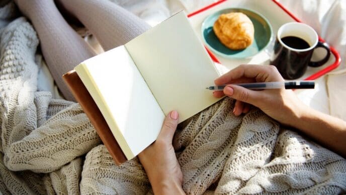 A woman sits on a bed in the morning, writing in a notebook with breakfast nearby.