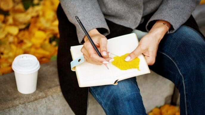 Close-up of a woman's hands holding a paper notebook and pencil, writing or sketching.