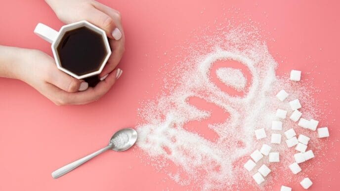 Flat lay of a "No" made of sugar next to a cup of coffee on a pink background.