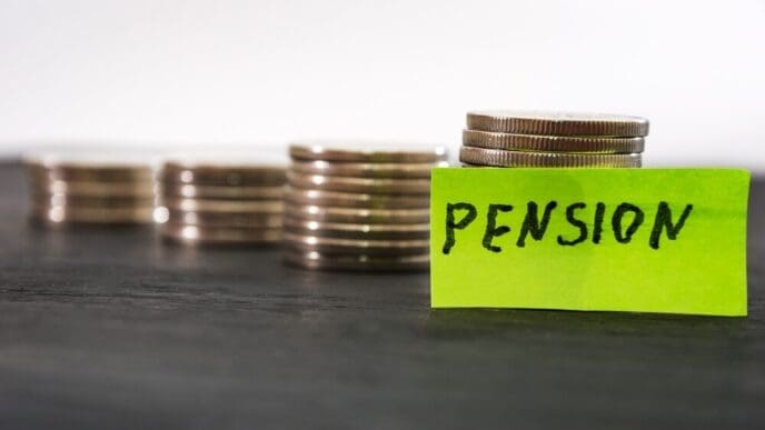 Sticker with the word "pension" next to stacks of coins.