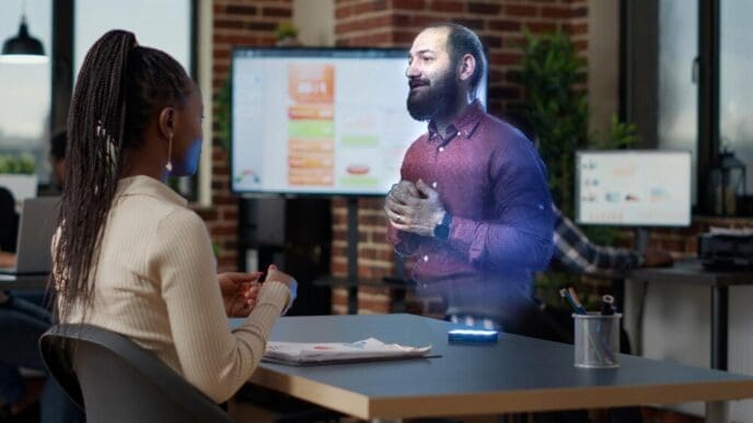 An African American employee watches an augmented reality training video, visualizing a hologram manager explaining how to solve tasks at an innovative office desk computer.