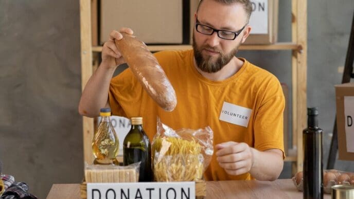 A smiling male volunteer collects a donation box in an office, representing charity work and volunteering.