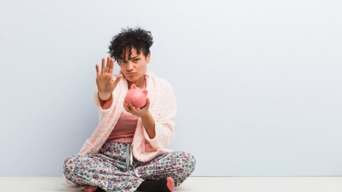 A young Black woman sits with a piggy bank and holds up her hand, displaying a stop sign.