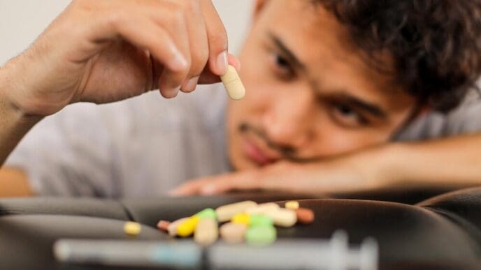 A young Asian man looks distressed, with a pile of pills nearby, suggesting a possible overdose.
