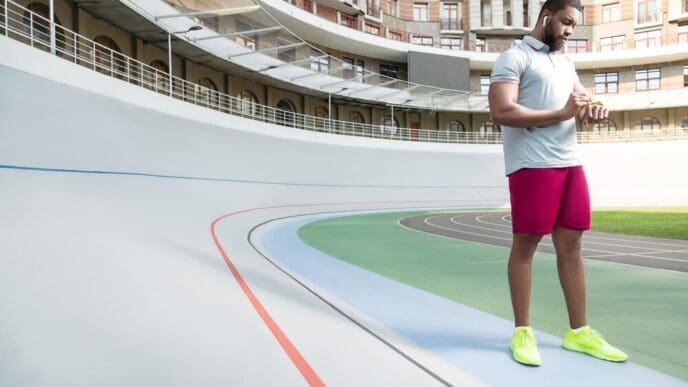 A young man with a beard wearing running clothes checks his fitness tracker in front of a tall building.
